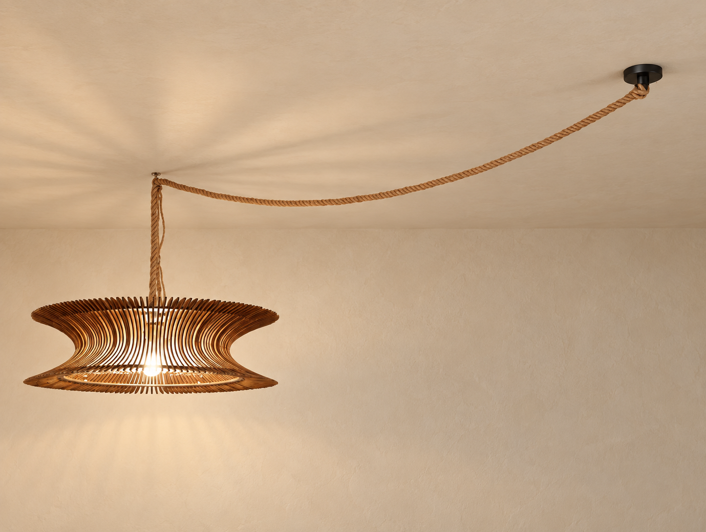 Suspension en bois en forme de bobine avec une longue corde naturelle